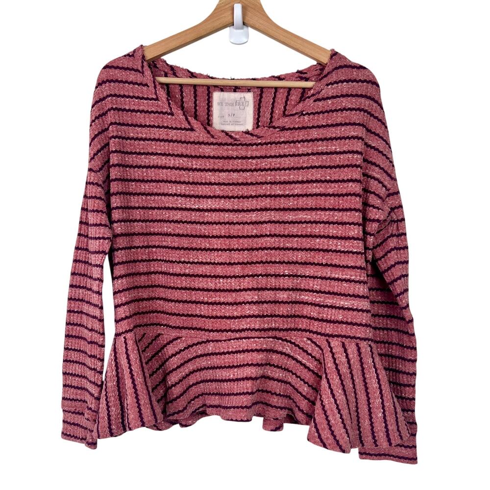 Free People We The Free Small Pink Purple Stripe Waffle Thermal Top Peplum Hem